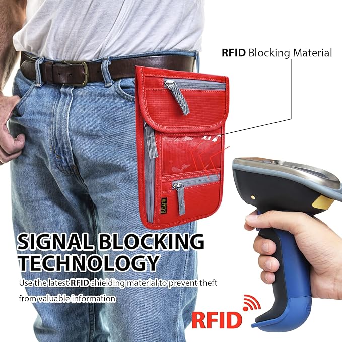 Travel Neck Wallet, RFID Blocking Passport Holder with Adjustable Neck Strap for Men and Women to Keep Cash, Credit Cards and Travel Documents Safe - Red