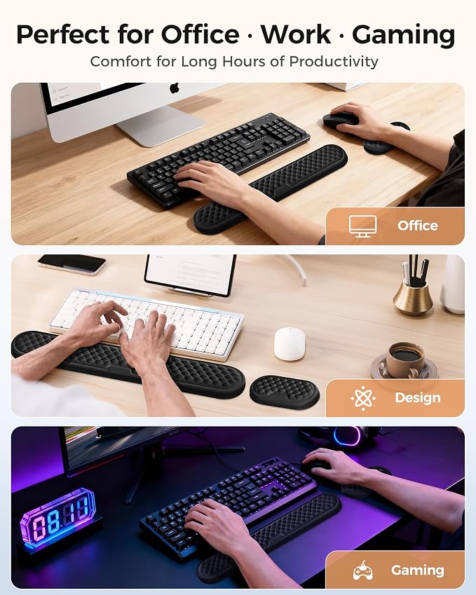 Ergonomic Wrist Support for Computer Keyboard and Mouse, 2-Piece Set | 3D textured Lycra surface, high-density memory foam, non-slip PU base, elbow and forearm support, for work and gaming