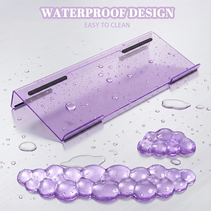 Acrylic Computer Keyboard Stand with Gel Cloud Wrist Rest Keyboard Riser with Comfortable Clear Silicone Mouse Wrist Pad Ergonomic Tilted Transparent Keyboard Holder for Desktop Office Purple