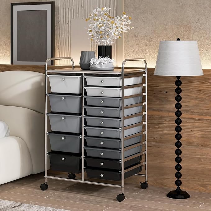 15 Drawer Rolling Storage Cart, Rolling Cart with Drawers for Classroom, Art Supply Craft Organizer on Wheel with Metal Frame & Handles for Home Office School
