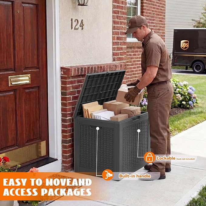 36 Gallon Package Delivery Boxes for Outside, Resin Outdoor Storage Box with Rattan Pattern, Storage Cabinet for Parcel Shipping & Storage