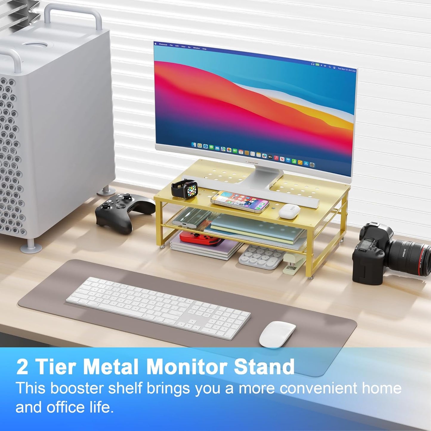 gianotter 2-Tier Metal Monitor Stand Riser, Desk Organizer for Monitor, Office Desk Storage Organizer for Office Supplies (Gold)
