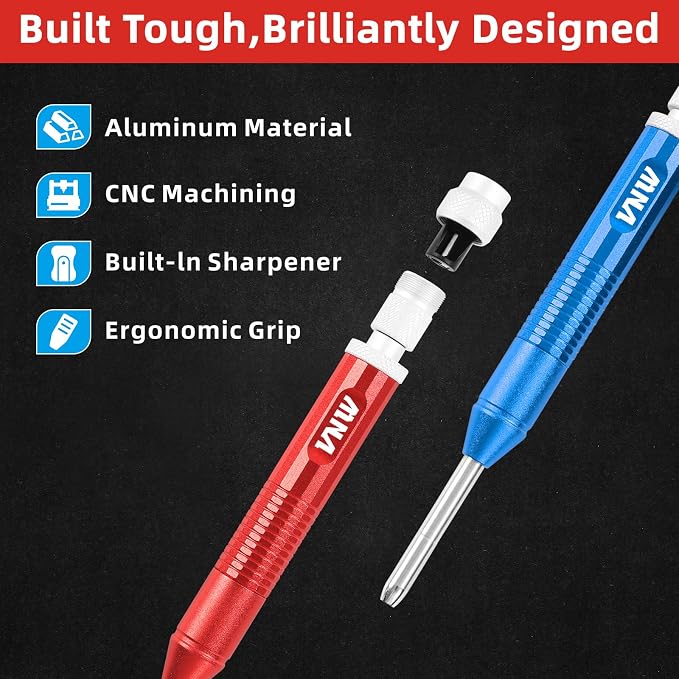 VNW New Aluminum Carpenter Pencils with Finger Grip - Incl.24 Leads - Solid Mechanical Pencils with Fine Point/Marking tools Construction/Carpenters/Scriber,Set of 2