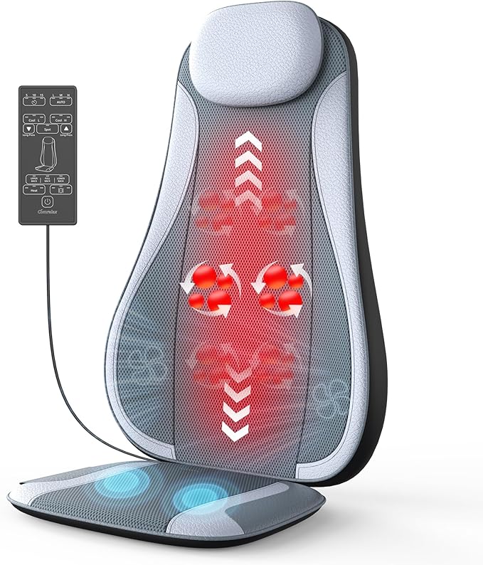 Shiatu Back Massager with Heat & Cooling, Kneading Rolling Vibration Chair Massager for Deep Tissue Pain Relief, Massage Chair Pad for Home & Office