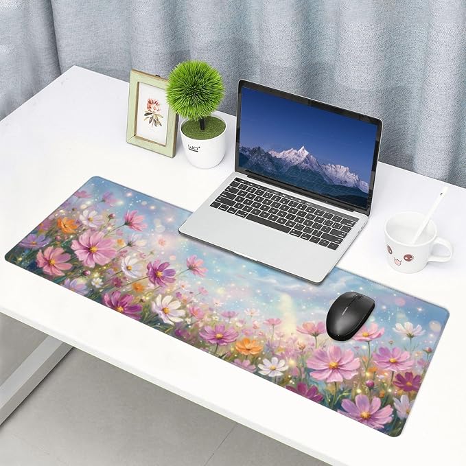 Flowers Gaming Mouse Pad Large Extended Desk Mat Non-Slip Rubber Base Keyboard Pad with Stitched Edges for Office Gaming 31.5x11.8 in