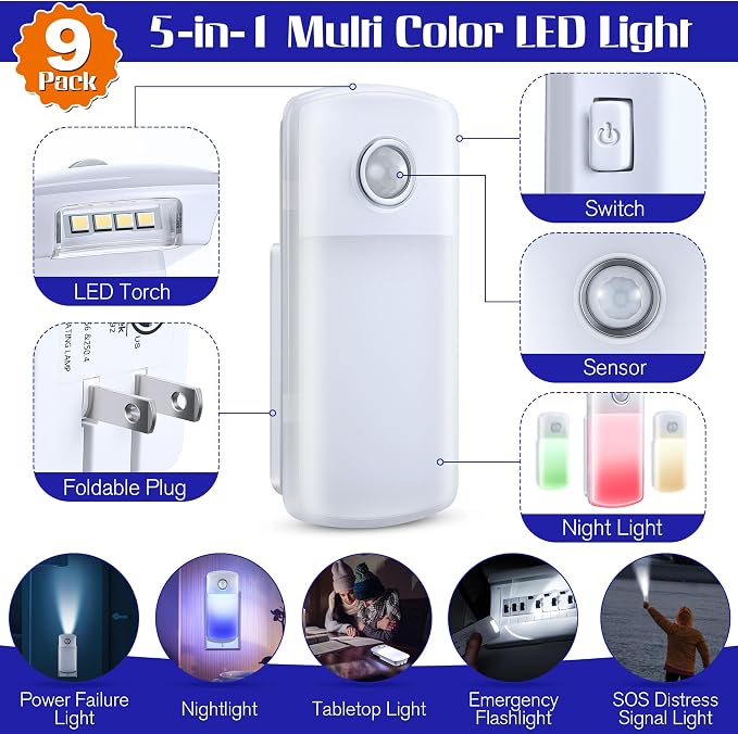 Enhon Emergency Power Failure Night Lights, 5-in-1 Multi Color LED Light, Rechargeable Flashlight with Foldable Plug, Automatic On Off Motion Sensor for Bedrooms, Hallways, Black Outs(9 Pack)