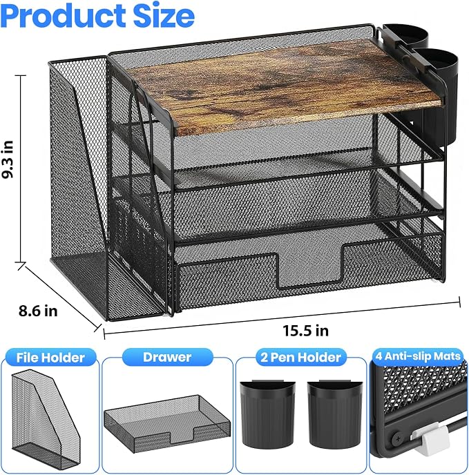 Desk Organizer, 4-Tier Desktop File Organizer with Drawer and Pen Holders, Office Desk Accessories, File Sorters, Workspace Organizers for Office Supplies(Wood)