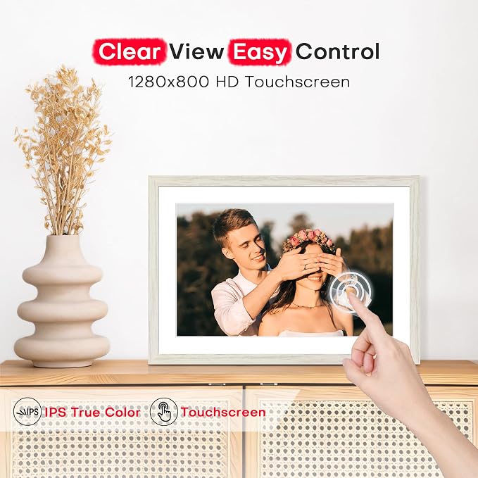 Frameo 10.1" Digital Picture Frame WiFi Wood, 1280 * 800 IPS HD Touchscreen, 32GB Storage, Instant Share Photo Video, Gifts for Mom, House Warming