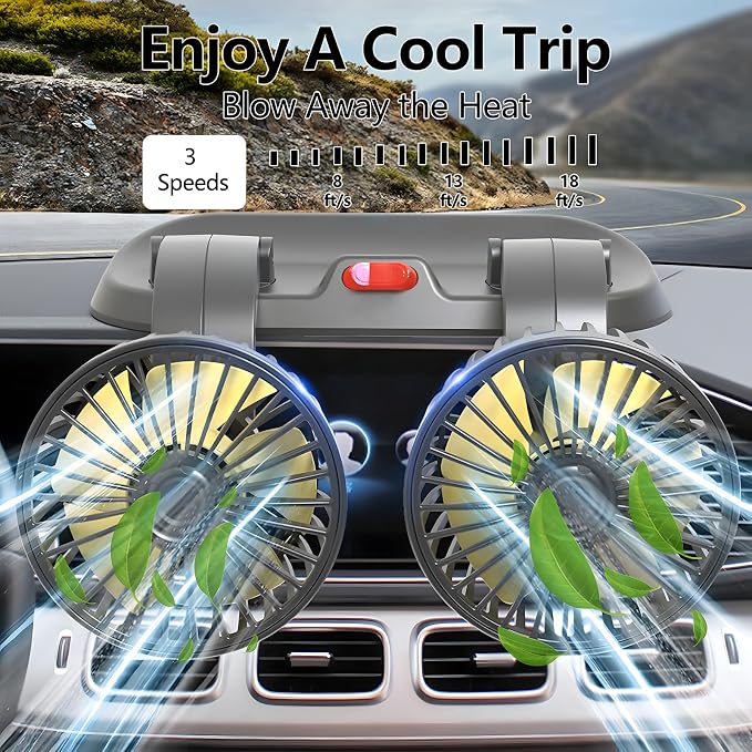 Dual Head 12V Car Fan for SUV Truck RV with No AC,Adjustable Car Cool Fan, Dual Head Design, 2-speed Adjustable, 360° Rotating Portable Car Fan,Powered by Cigarette Lighter
