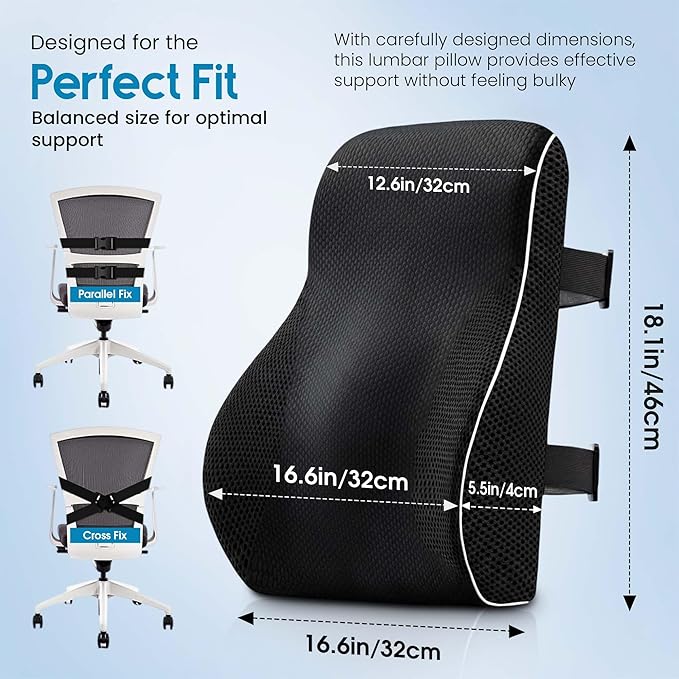 RUKHS Lumbar Pillow, Back Support for Office Chair and Car, Memory Foam | lumbar support for car, back support pillow for office chair, dual adjustable straps, breathable mesh, supports up to 300 lbs