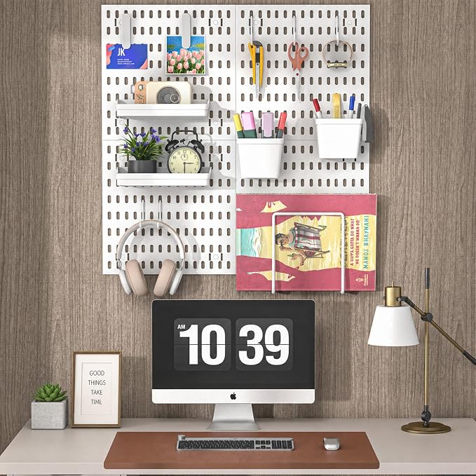 AKTOP Modular Plastic Peg Board Wall Organizer, 4 Pack, 12"x12", White | ABS Material, Adhesive or Drill Mounting, Ideal for Office, Gaming Room, Craft Room