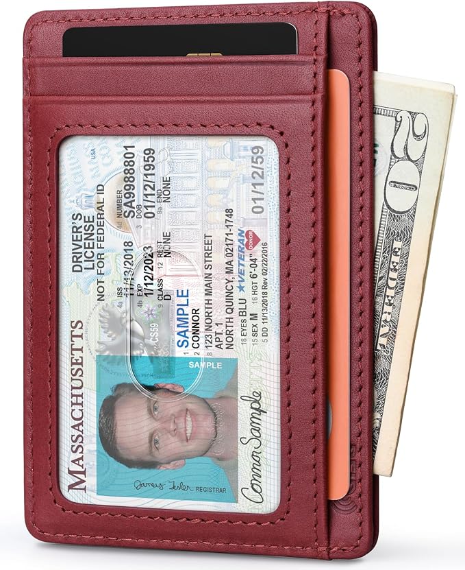 Buffway Slim Wallet for Men Women Minimalist Small Leather Front Pocket Wallets with RFID Blocking and Gifts Box - Bassa Mars Red