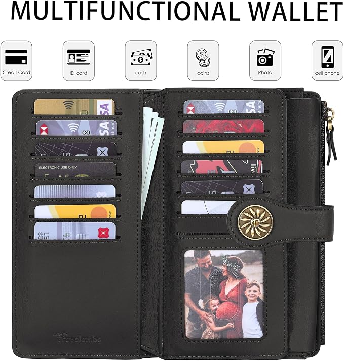 Travelambo Women's Wallet RFID Blocking Trifold Clutch Large Capacity Credit Card Holder Travel Purse