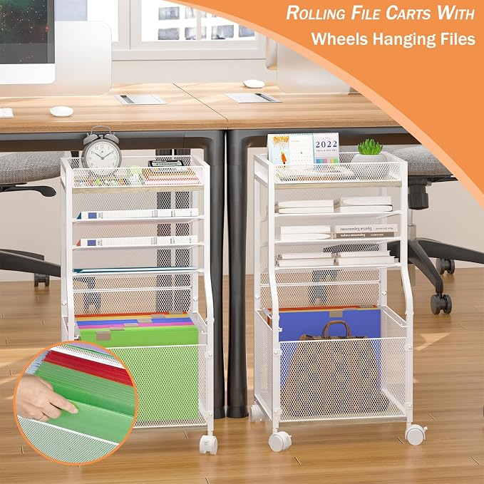 3IngSeagulls Rolling File Cart, 5-Tier Mobile Filing Cabinet on Lockable Wheels, Under Desk Storage, Office Hanging Folder Storage Organization Mobile Cabinet for Office, Home, and School, White