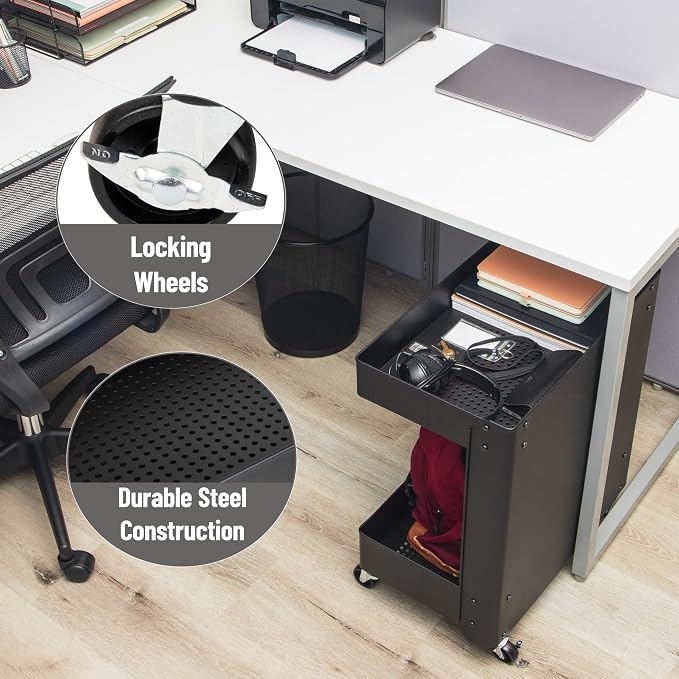 Mind Reader Under Desk Rolling Cart, 2-Tier Steel Utility Organizer, No Assembly Required, 12" L x 20" W x 23.5" H, Black