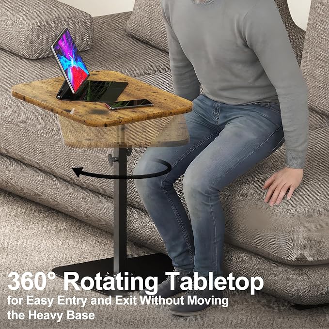 HzTinT Large Tv Tray Side Table Sofa Tray for Couch Heavy Metal Base | Swivel/Adjustable Height, Sofa Bed Bathroom Study TV Tray C Shaped End Table Food Snack Trays for Eating