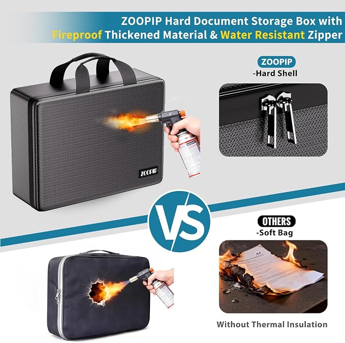 Fireproof Document Box with Lock, Hard-Shell File Organizer, Black | Water-Resistant Zipper,Letter Size,Large Capacity,Portable Safe Storage for Important Paperwork,Passports,Certificates
