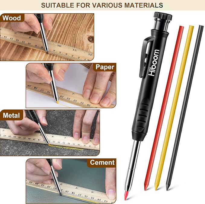 Hiboom 2 Pack Carpenter Pencils with Pencil Cap and 18 Refills, Black | Mechanical Pencil, Deep Hole Marking, Built-In Sharpener, Long Nose Tip, Pocket Clip, Marks Many Surfaces, Woodworking Use