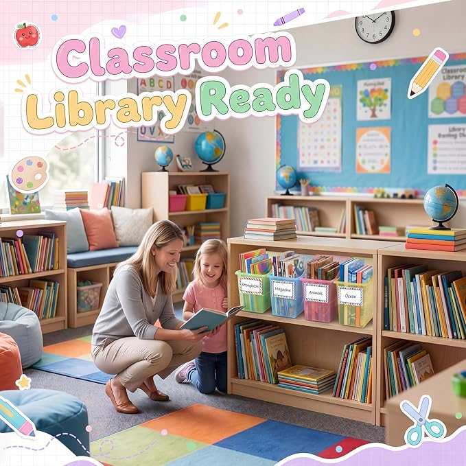 Blosssound 12 Set Book Bins for Classroom Stackable,Translucent Pastel | Plastic Baskets with Labels, Slanted Front, Library Supplies Organizers, Desktop Storage Bins, Teachers Home School Use