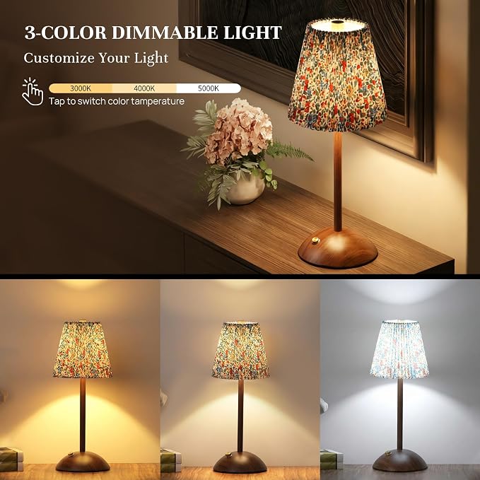 Small Vintage Cordless Table Lamp, Rechargeable Battery Operated Lamp with 3 Color Temperatures Stepless Dimming, Floral Bedside Nightstand Lamp for Bedroom, Living Room, Coffee Table, Bookshelf