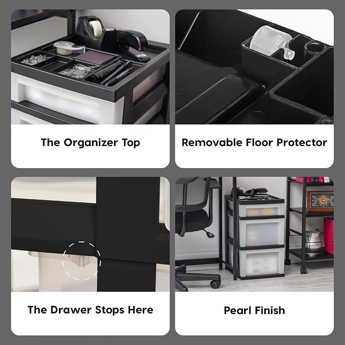 IRIS USA 3-Drawer Storage Cart, Black/Pearl | Keep classroom supplies, teacher essentials, craft materials, and learning tools organized with easy-access drawers.