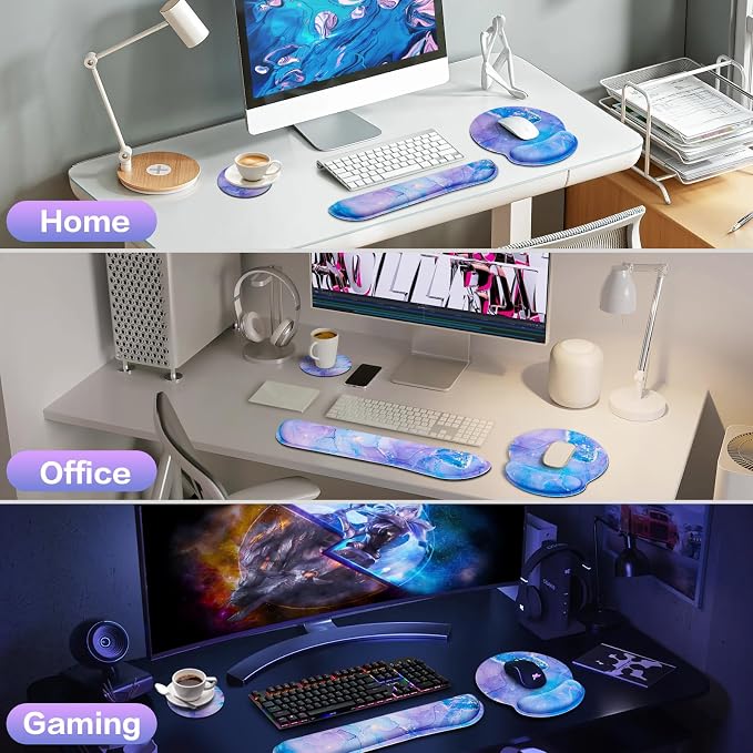 Mouse Pad Purple, Mouse Pad with Wrist Rest Set, 3-in-1 | Wrist Support Mousepad Set,Gaming with Anti-Skid Base,Ergonomic Memory Foam Keyboard Gel Wrist Rest