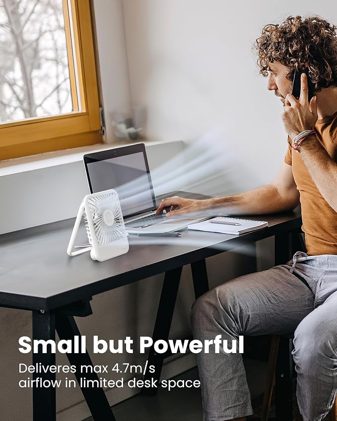 Koonie USB Desk Fan, Strong Wind Ultra Quiet Small Mini Fan | 180° Tilt Folding & 3 Speeds Adjustable, USB-C Corded Powered Personal Fan for Office Desktop Bedroom, White, NO BATTERY