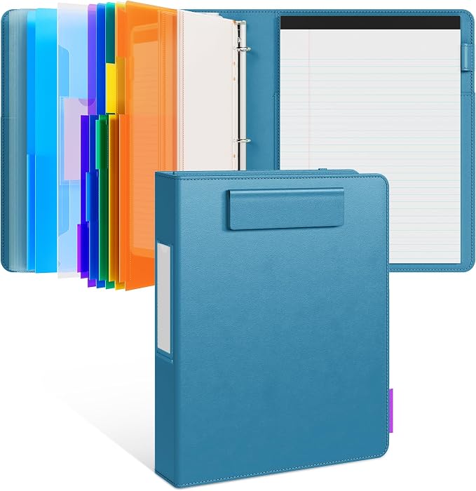 JoyCat 3 Ring Binder Clipboard with Storage, 5 Folders, Dark Blue | 3 ring clipboard portfolio combines five expandable folders, a refillable letter size notepad and storage