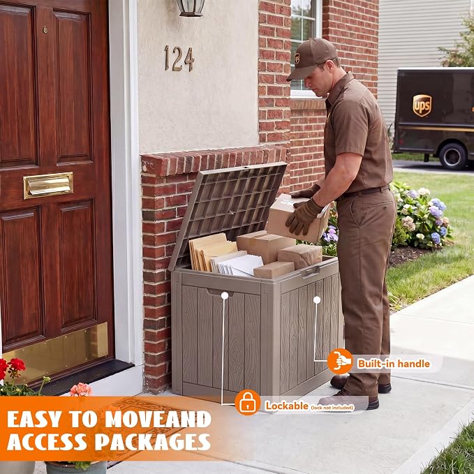 35 Gallon Package Delivery Boxes for Outside, Resin outdoor storage bin with a wood-grain pattern, Storage Cabinet for Parcel Shipping & Storage