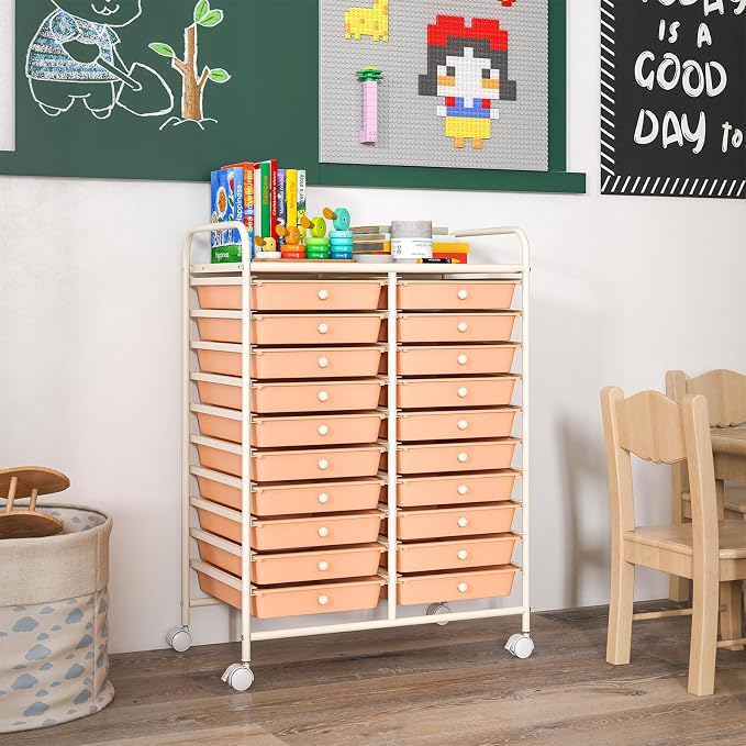 RELAX4LIFE 20-Drawer Rolling Storage Cart - Mobile Rolling Cart w/Drawers for School Classroom Teacher Office Home Salon, Paper File Art Supply Craft Organizer, Utility Cart on Wheels (Pink)