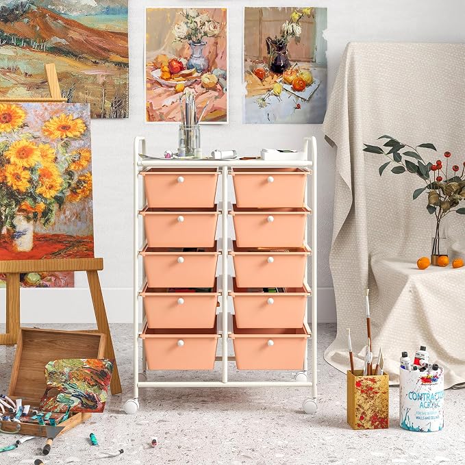 COSTWAY 10 Drawer Rolling Storage Cart, Utility Cart with Lockable Wheels | Mobile Art Supply Craft Organizer with Metal Frame, Multipurpose Drawer Cart for Paper for Office, School, Peach