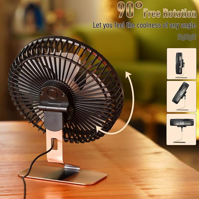 SLENPET 6-inch USB Small Desk Fan, 4 Speeds, Powerful Desktop Table Fan | Ultra-quiet, 90° Adjustment for Better Cooling, Portable Mini Personal Fan for Home Office, Metal Base, Bronze