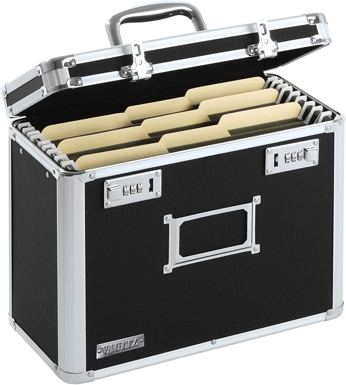 Vaultz File Organizer Storage Box, Letter Size, 14 x 7 x 12.19 In, Black | Locking storage tote with dual combination locks, keeps office documents secure and organized for filing needs