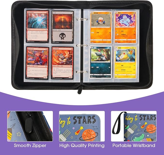 4-Pocket Card Binder with 50 Removable Pages, Holds 400 Cards | Fits trading, sports, gaming and collectible cards. Great for boys and girls to organize and protect collections(Stars)