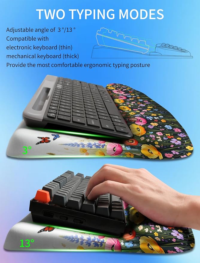 Ergonomic Wave Wrist Rest with Keyboard Stand, Cushioned Palm Rest, Comfortable Integrated Memory Foam for Natural Typing and Relieve Wrist Pain, Flowers and Butterflies
