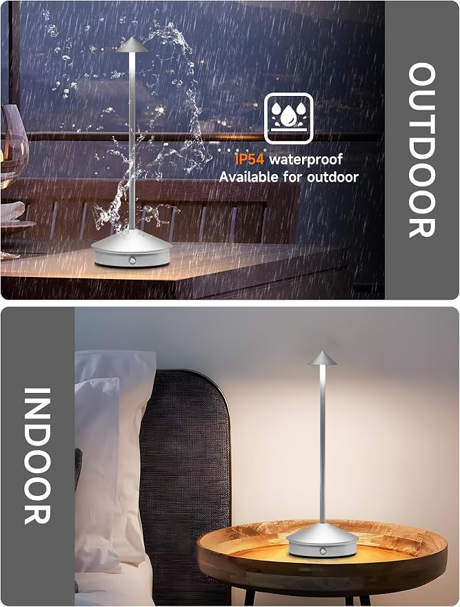 LED Rechargeable Cordless Table Lamps Silver | 2 Pcs Portable Modern USB Battery Operated Lights,Waterproof Touch Dimmable Desk Lamp,for Patio,Restaurant,Bar,Dining Home