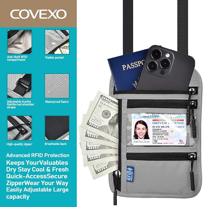 Neck Wallet for Travel, RFID Blocking Passport Holder - Slim Travel Pouch with Adjustable Strap | Holds Phone, Cards, Cash, Documents | Water-Resistant & Secure for Men & Women