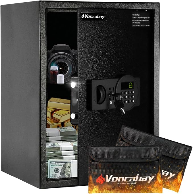 Voncabay Money Safe Box for Home with Digital Keypad, 2.2 Cu. Ft., Black | Alloy Steel, 2 Fireproof Bags, Digital Keypad with Display, Removable Shelf, Fits A4, 13.1 x 19.7 x 13.8 In.