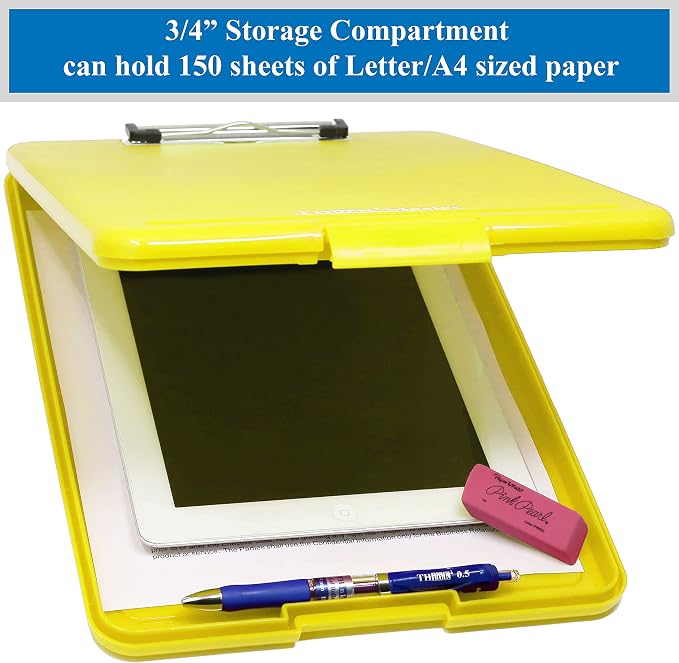 Think2Master Yellow Plastic Storage Clipboard. | 25% Heavier & 25% Sturdier| Heavy Duty and Won’t Flex or Bend Like Other Brands (Compare The Weight). Storage Compartment Holds 150 Letter Sized Paper.