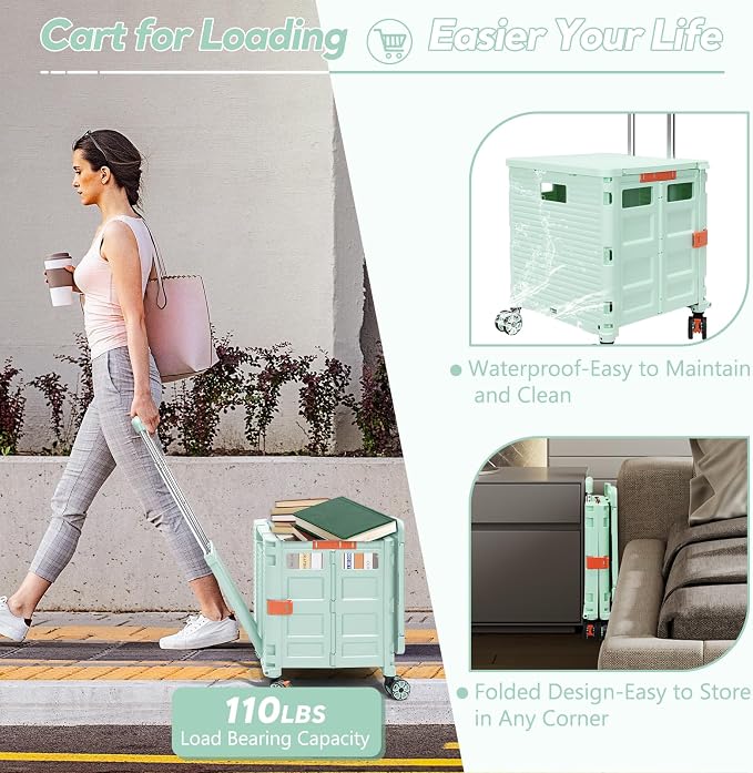 FELICON SELORSS Folding Utility Cart Portable Rolling Crate Handcart-Green | Adjustable Handle+Extended Magnetic Lid,Storage Basket Box,4 Swivel Wheels Tote for Teacher Move Shop Travel Grocery Office