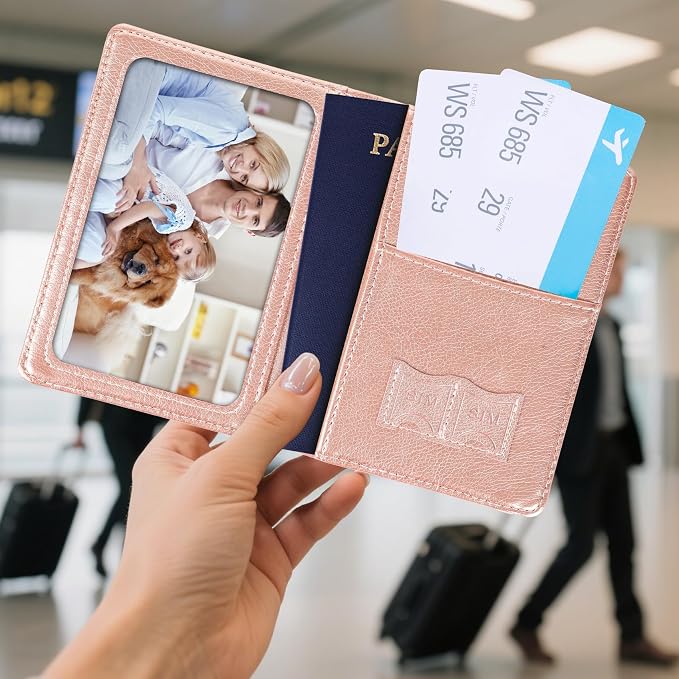 Passport Holder for Travel, RFID Blocking Passport Cover with Pen Holder Leather Passport Wallet Case Travel Must Haves Accessories Passport Book Card Holder for Family Travel Essentials, Rose Gold
