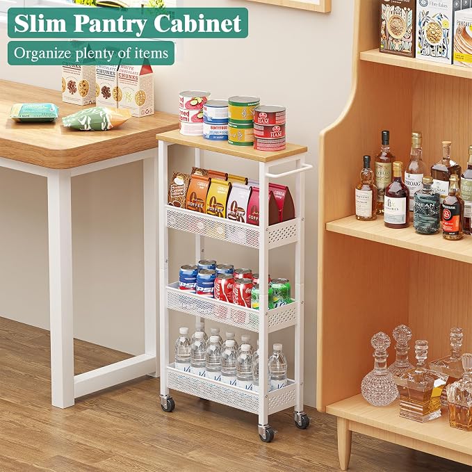 Slim Rolling Storage Cart 4 Tier Bathroom Organizer Mobile Shelving Unit Utility Cart with Wood Top and Handle for Kitchen Laundry Narrow Places, White