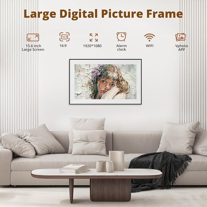 Dragon Touch Digital Picture Frame - 15.6 Inch WiFi Large Digital Photo Frame with 32GB Storage, FHD Touch Screen, Easy Setup to Share Photos or Videos Remotely via Vphoto App from Anywhere