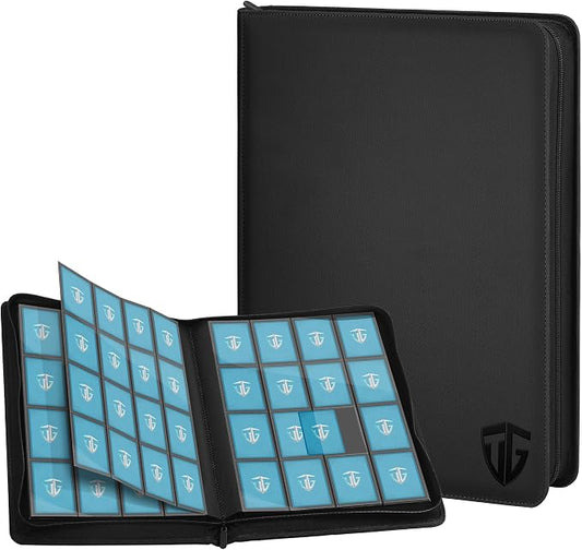16 Pockets Trading Card Zipper Binder for 1000+ Cards| Secure Side Loading Pockets | Trading Card Album Folder | Compatible with YuGiOh, MTG,Sports Cards (Black 16)