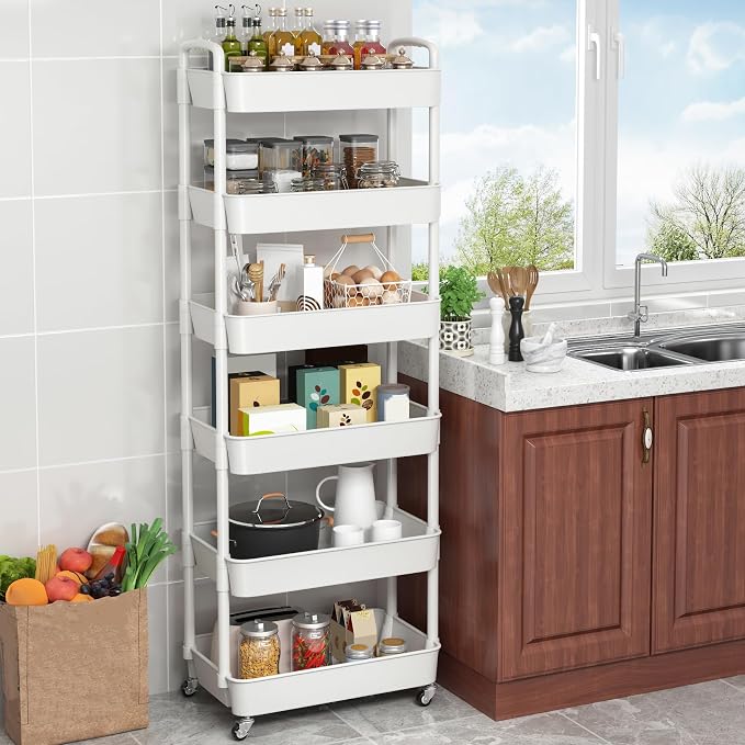 Sywhitta 6-Tier Plastic Rolling Utility Cart with Wheels for Storage,White | Multi-Functional Storage Trolley, for Office, Living Room, Kitchen, Bathroom,Movable Organizer,Space-Saving,Easy to assemble