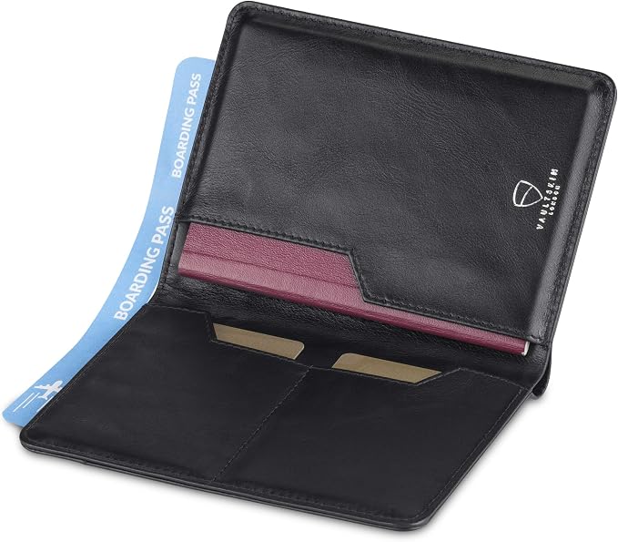 Vaultskin KENSINGTON Passport Holder for Travel, RFID Wallet (Black) | Slim genuine leather book cover, small case for men and women, inner sleeve, cards, cash, scan blocking protection, gift box