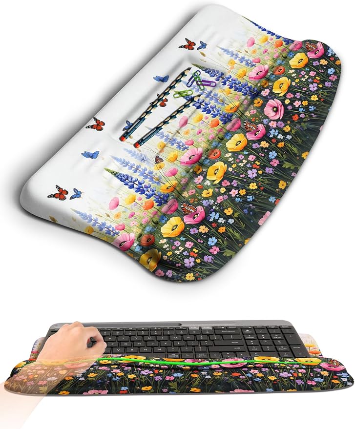 Ergonomic Wave Wrist Rest with Keyboard Stand, Cushioned Palm Rest, Comfortable Integrated Memory Foam for Natural Typing and Relieve Wrist Pain, Flowers and Butterflies