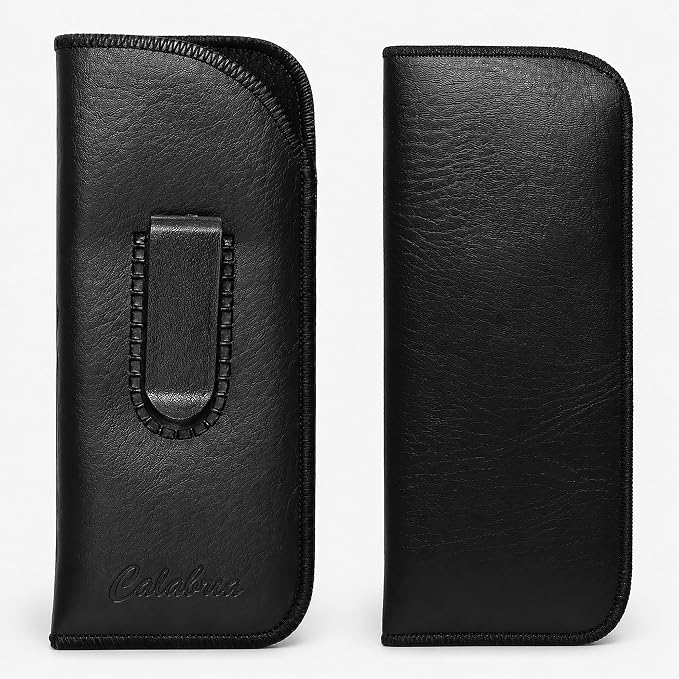 Calabria Slim Eye Glasses Case w/Clip Soft PU Leather Black Men Women Eyeglasses Pouch Slip-In Eyewear Holder Sunglass Bag