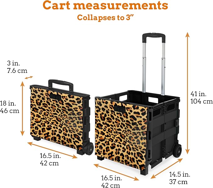 Ultra-Slim Rolling Collapsible Storage Pack-N-Roll Utility-carts, with Telescopic Handle, for Home, Garden, Shopping, Office, School use, Large, Leopard