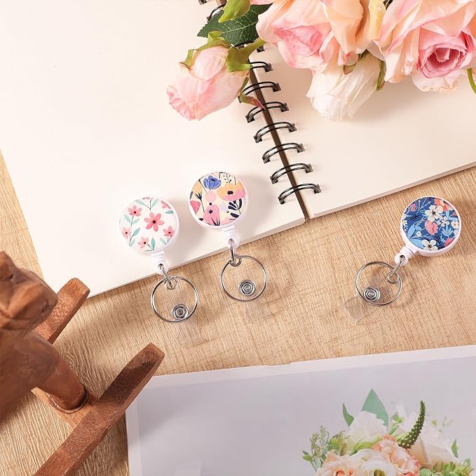 BESARME 3 Pack Badge Reels Retractable Badge Clip with Key Ring Retractable Badge Holders for Office Worker Teacher Nurse Student（Flower）
